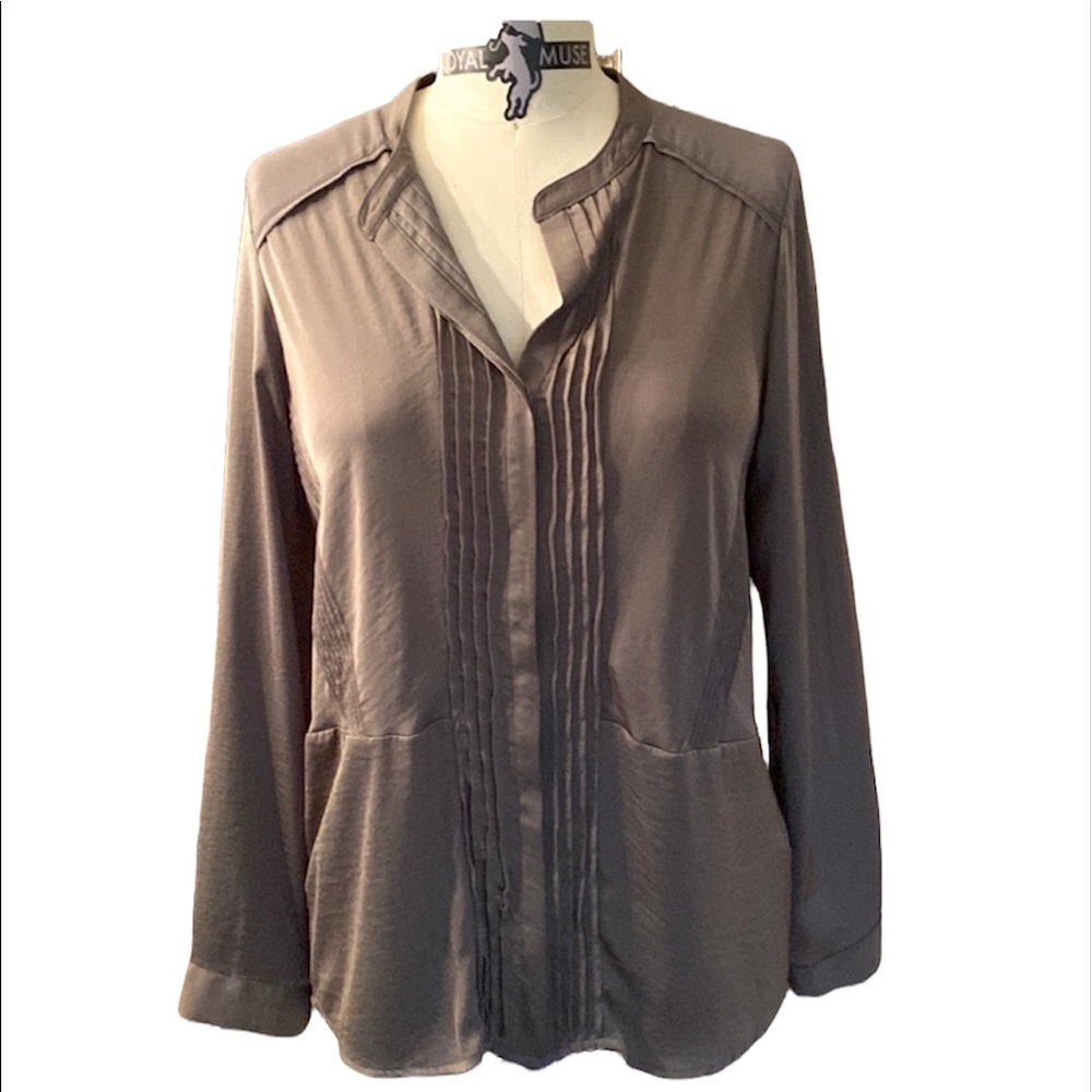 Slate gray long sleeve flowy blouse, back is slightly longer than the front.